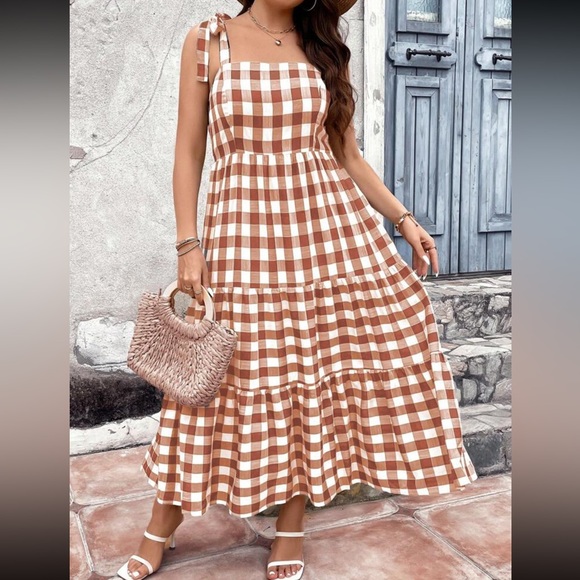 Boho brown White Plaid Gingham Ruffle Maxi Dress - Picture 5 of 6